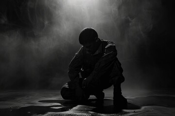 A sad young soldier sits on the floor in black and white with a dark background and backlighting in a foggy, photorealistic and cinematic style - obrazy, fototapety, plakaty