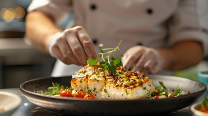 Gourmet Sea Bass Dish Presented by Seasoned Chef in Coastal Eatery Setting