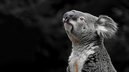   A koala gazes upward in a monochrome image, turning its head to the left