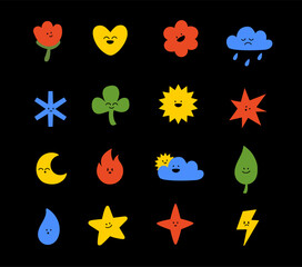 background for kisd.colored set of vector sticker simple decorative elements. Various icons such as hearts, stars, speech bubbles, arrows, lines isolated on white background
