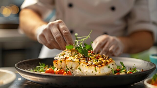 Gourmet Sea Bass Dish Presented by Seasoned Chef in Coastal Eatery Setting