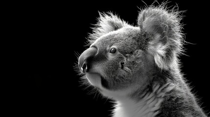 Obraz premium A black-and-white image of a koala turning its head towards the side while looking up at the camera