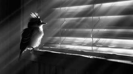 Obraz premium Bird at window sill, gazes through window with drawn blinds