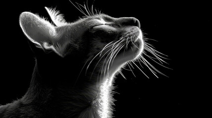   A monochrome image of a cat's expressive face, with eyes concealed and an erect head