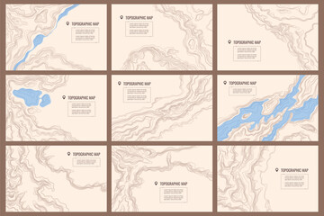 Topographic conventional map. Geographical mountainous relief. Contour designations of heights on the map. Vector illustration