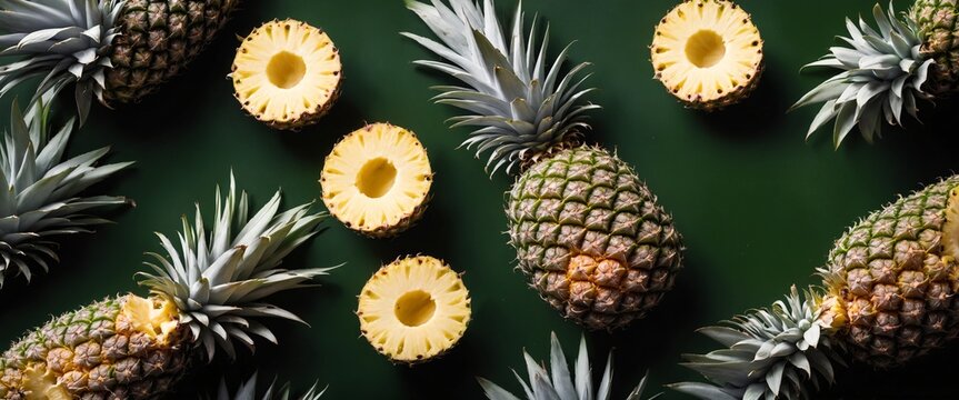 Pineapple fruits with cron on dark green. Food background. Top view