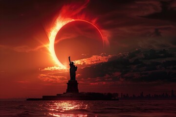 a solar eclipse with the silhouette of statue liberty in front of it, red sky, ocean, epic, cinematic, photorealistic