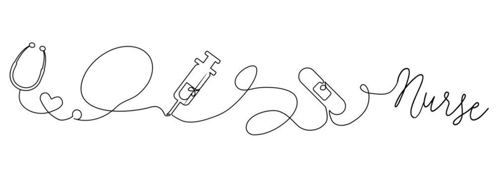Nurse continuous line drawing of Syringe, stethoscope, plaster. Line breaking love for medicine in simple linear style. Vector Graphic Illustration for Canva, presentation, decoration	