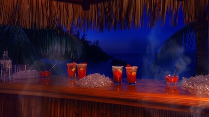  A collection of drinks perched atop a weathered wood table beside a smoldering fire pit, exuding wafts of rising smoke