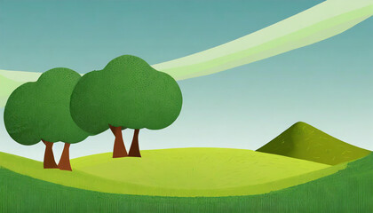 3D green field with two trees and a hill in the background