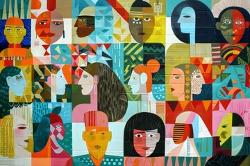 A vibrant and colorful mural depicting diverse group of people from around the world, all wearing different with various patterns and textures. The background is filled with geometric shapes in shades