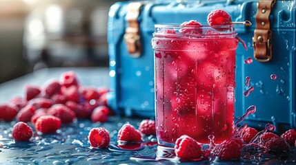   A jar of raspberries sits on the table, near a blue suitcase and a bunch of fresh raspberries
