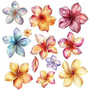 Gorgeous watercolor clipart set featuring frangipani bouquets, single flowers, and elements in soft pastel tones, perfect for tropical-themed designs, invitations, and greeting cards.