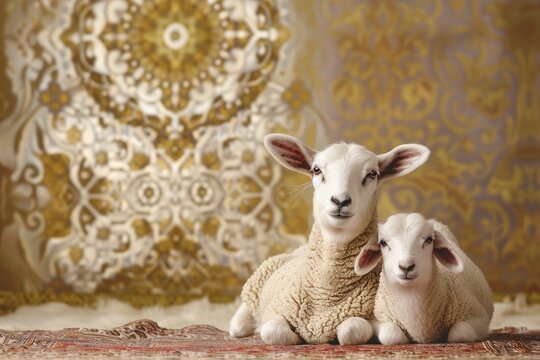 Islamic banner with sacrificial animals sheep and goats for Eid al-Adha greeting background and copy space - generative ai
