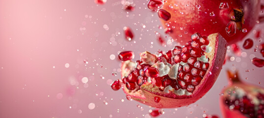 Fresh Pomegranate Burst: Juicy Seeds Against Pink Background