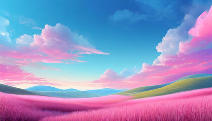 3D pink and blue sky with a pink and blue grassy field