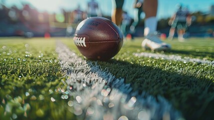 close up of american football on field, feet of players in the background