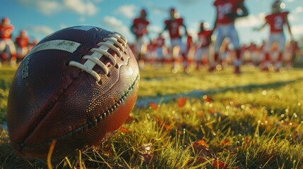 close up of american football on field, feet of players in the background 