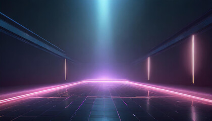 3d technology abstract neon light background, empty space scene, spotlight, dark night, virtual...