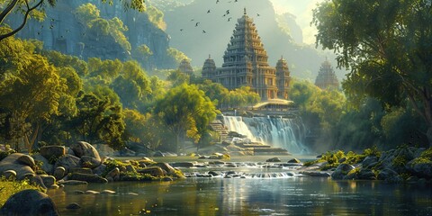 tropical rainforest river landscape, a mysterious temple in the jungle - obrazy, fototapety, plakaty