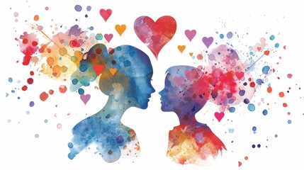 A watercolor silhouette of mother and child, with hearts radiating from their heads in different colors. The background is white to highlight the figures against the splash effect