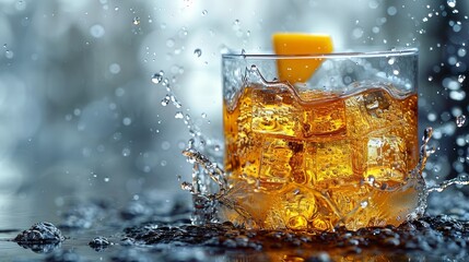   A tight shot of an orange wedge in a glass filled with ice and water, with droplets forming as H2O splashes against the rim - obrazy, fototapety, plakaty