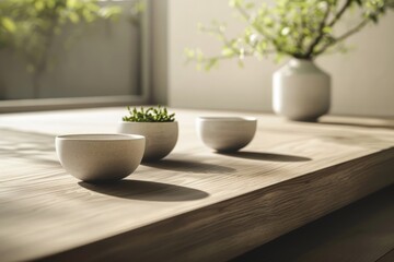 Fototapeta na wymiar Minimalistic home decor with ceramic bowls on a wooden table, illuminated by soft natural light - a serene and stylish setting.