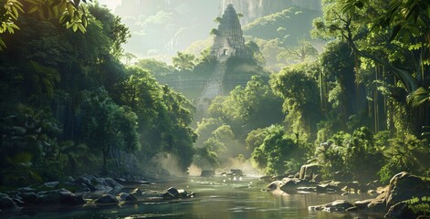 tropical rainforest river landscape, a mysterious temple in the jungle - obrazy, fototapety, plakaty