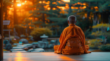 Buddhist Monk at Sunset - obrazy, fototapety, plakaty