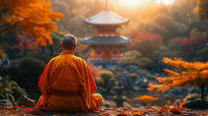 Buddhist Monk at Sunset