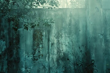 Ethereal cyan-toned wall with cascading moss patterns evokes a serene, dreamlike ambiance, ideal for tranquil themes and background textures.

 - obrazy, fototapety, plakaty