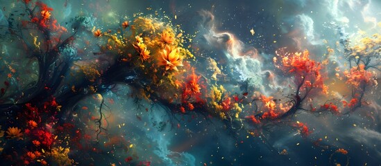 Fototapeta na wymiar Explosive Cosmic Fusion:A Blaze of Digital Naturalism Blurring the Real and Virtual