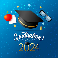 Graduation class of 2024 web stories concept with black academic hat. 2024 class of, congrats graduates with graduation cap. Vector illustration