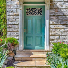 Fototapeta na wymiar A detail of a front door on home with stone and white bricking siding, beautiful landscaping, and a colorful blue - green front door.