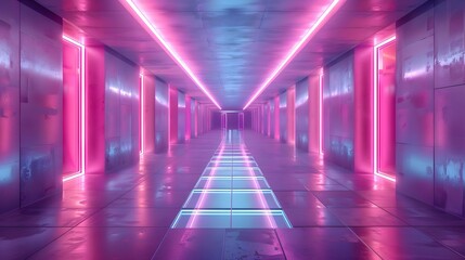 Futuristic Corridor with Neon Glow and Reflective Floors. Concept Futuristic Setting, Neon Glow, Reflective Floors, Sci-Fi Theme, Modern Architecture