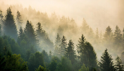 A forest filled with trees covered in fog and smoky in haze - Powered by Adobe