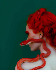 Close up Redhead Woman Portrait with Snake  wrapped around the face and neck:  red Makeup, green backround 
