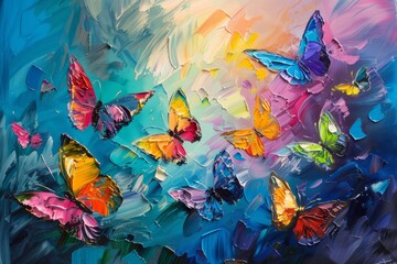 Beautiful colorful butterflies flying in the air, oil painting, palette knife, brush strokes, beautiful background - obrazy, fototapety, plakaty
