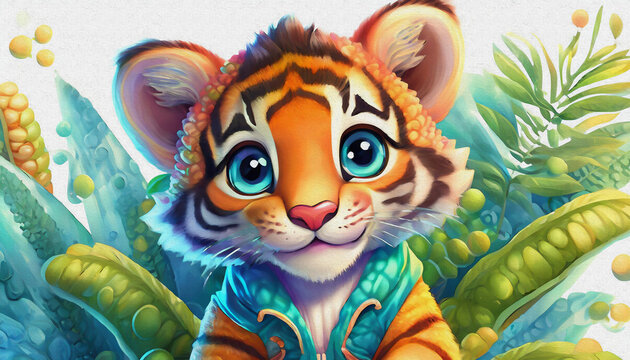 oil painting style cartoon character cute baby tiger takes a selfie isolated on white background, top view