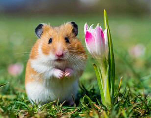 A hamster, brown and white, stands atop a grassy field Nearby, a pink and white flower blooms