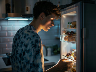Close up portrait of a man getting up at night, picking up some food in the fridge