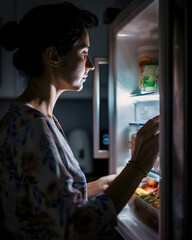 Close up portrait of a woman getting up at night, picking up some food in the fridge