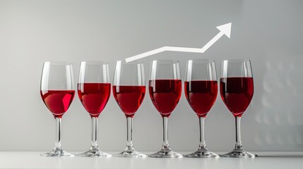 growing financial bar graph made up from red wine glasses, white background 