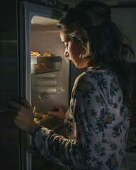 Close up portrait of a woman getting up at night, picking up some food in the fridge