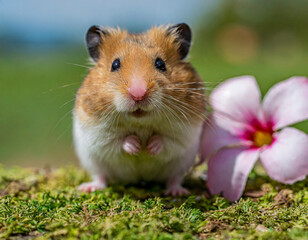 A hamster, brown and white, stands atop a grassy field Nearby, a pink and white flower blooms