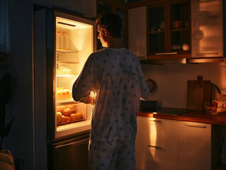 Close up portrait of a man getting up at night, picking up some food in the fridge - Powered by Adobe