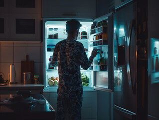 Close up portrait of a man getting up at night, picking up some food in the fridge