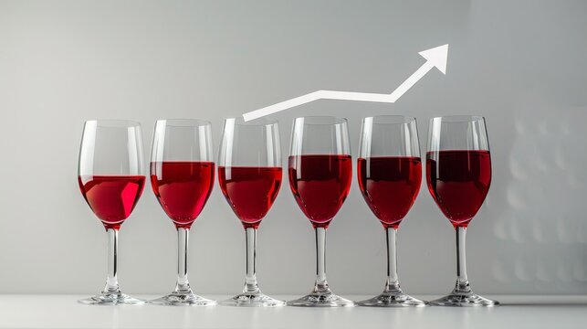 growing financial bar graph made up from red wine glasses, white background 