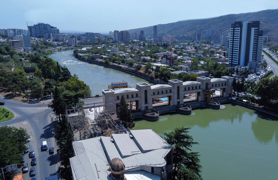 Drone view  apnorama of Tbilisi withj Ortachala HPP (Hydroelectric power plant)and Tower (maybe American hotel)