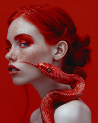 Close up Redhead Woman Portrait with Snake  wrapped around the face and neck: Golden red Makeup,red backround 